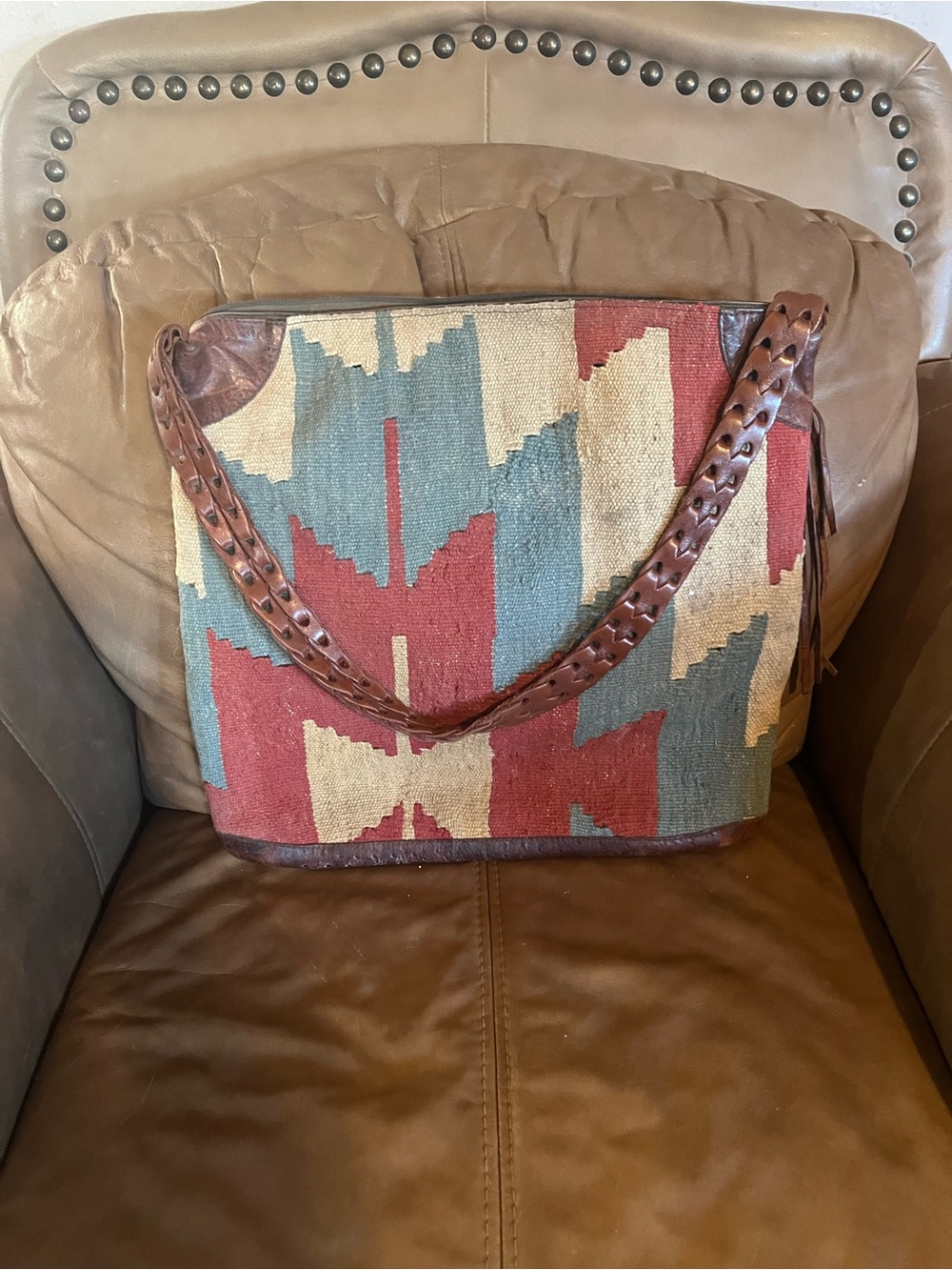 Tapestry Pattern Shoulder Tote in Rust, Teal & Cream